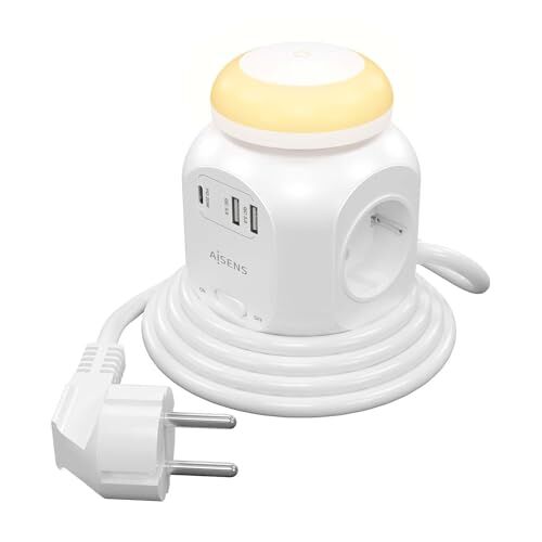 AISENS - ASPS-2A1CLPQ02-W - Multipresa da tavolo multifunzione con 4 prese + 1Xusb-C 20W Pd3.0, 2Xusb-A 18W Qc3.0, luce notturna, 1,8M, bianco