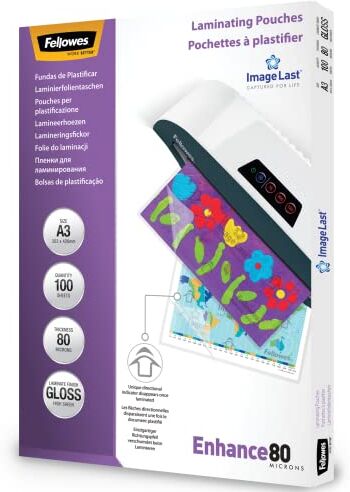 Fellowes fogli plastificatrice A3 Enhance80, buste per plastificatrice formato A3, 80 Micron, confezione da 100 pouches per plastificare