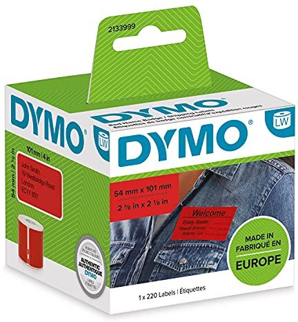 Dymo LW grandi etichette di spedizione/badge nominativi   Stampa nera su etichetta rossa   54 mm x 101 mm   Autoadesivo   Rotolo da 220 etichette Easy-Peel   per LabelWriter