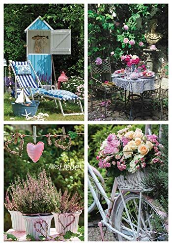 Die Grukarte Edition Colibri - Set di 4 biglietti di auguri pieghevoli, motivo: bicicletta, giardino, fiori, picnic da giardino, senza testo