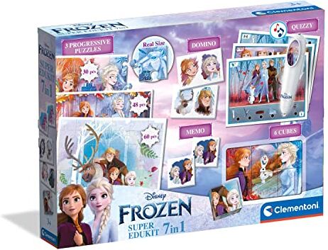 Clementoni - 18110 - Super Edukit 7 in 1 - Disney Frozen (3 Puzzle 30, 48 E 60 pezzi, 6 Cube, Un Memo, Un Domino E 12 Carte Quiz) - Gioco Educativo 3 Anni - Made in Italy