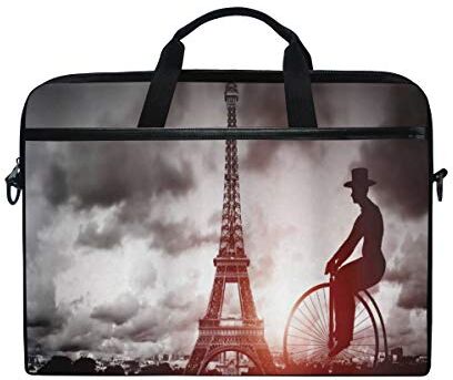 VICAFUCI Nuova Borsa per Laptop 15-15.4 Pollici Borsa del Portatile,Uomo in Bicicletta retr Accanto alla Torre Eiffel Parigi Francia Drammatico Cielo Sole