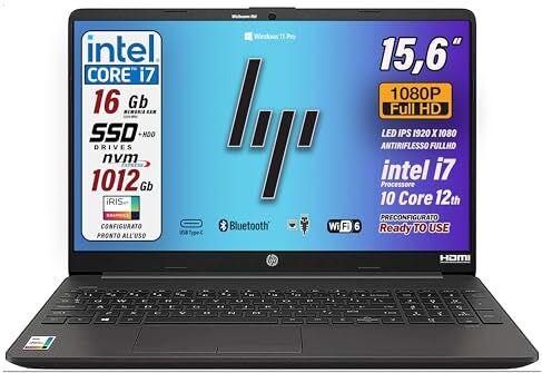 HP 250 G9, Pc portatile notebook, Intel Core i7 12Th, 10 cORe, Ram 16Gb, SSD 512Gb + HDD 500 Gb, Display 15.6" Full HD, Win 11 Pro, portatile pronto all'uso, Garanzia Italia