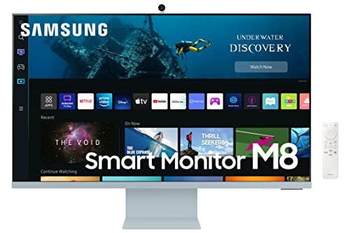 Samsung Smart Monitor M8, Flat 32'', 3840x2160 (UHD 4K), Piattaforma Smart TV (Amazon Video, Netflix), Airplay, Mirroring, Office 365, Wireless Dex, Casse Integrate, WiFi, USB TypeC, Blu