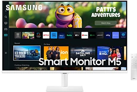 Samsung Smart Monitor M5 S32CM501, Flat 32'', 1920x1080 Full HD, Piattaforma Smart TV Amazon Video, Netflix, Airplay, Mirroring, Office 365, Wireless Dex, Casse Integrate, IoT Hub, WiFi, Bianco