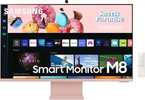 Samsung Smart Monitor M8 (S32BM80P), Flat 32'', 3840x2160 (UHD 4K), Piattaforma TV (Amazon Video, Netflix), Airplay, Mirroring, Office 365, Wireless Dex, WiFi, USB TypeC, Rosa