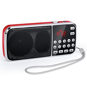 PRUNUS J-189 Mini Radio Portatili FM/AM, Radio Portatile Ricaricabile con Funzione Bluetooth, Radio Digitale con Eccellente Ricezione, Supporto Micro TF Card/USB/AUX, con Torcia di Emergenza(Rosso)