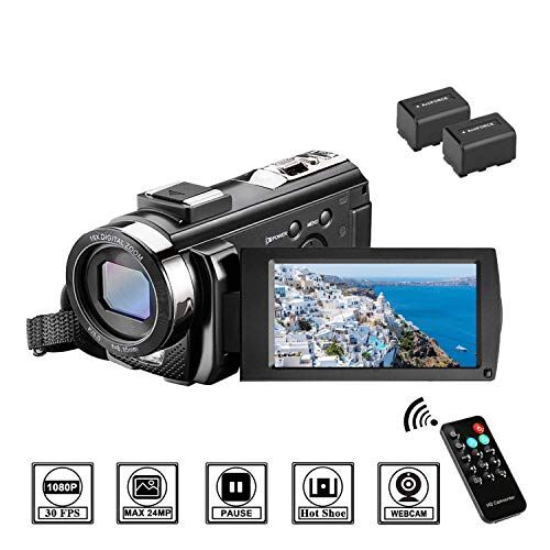 MELCAM Videocamera Youtube Vlogging, Camcorder FHD 1080P 24MP 30FPS 3.0" LCD Schermo Ruotabile 270, Zoom Digitale 16X Webcam con Telecomando e 2 Batteries