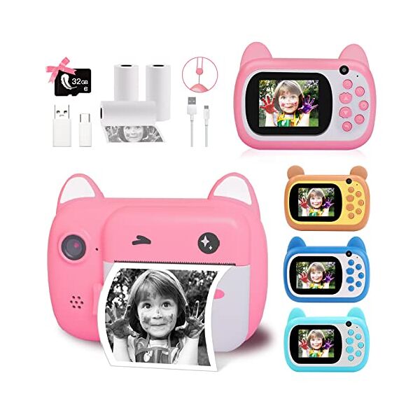 toyogo fotocamera istantanea per bambini per selfie, con 3 rotoli di carta di stampa, 1000 mah, doppia lente, videoregistratore hd 1080p per ragazzi regali giocattoli (rosa)