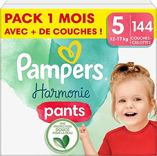 Pampers Taglia 5, Mutandine per Pannolini (12-17 kg), Armonia, 144 Pannolini Mensile, Protezione Morbida Per La Pelle E I Ingredienti Vegetali