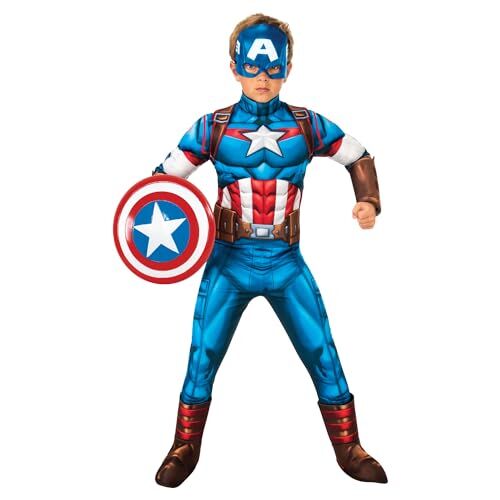 Rubie's Rubies Costume Capitan America Deluxe per ragazzi e ragazze, Jumpsuit con petto musculoso e copristivali, 1/2 maschera, Ufficiale Marvel per Carnevale, Natale, Compleanno, Festa e Halloween