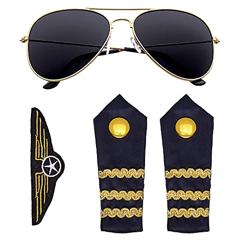 WIDMANN MILANO PARTY FASHION 00085 - Set da pilota in 3 pezzi, composto da occhiali da sole, gradi da spallina e distintivo, per carnevale e feste a tema