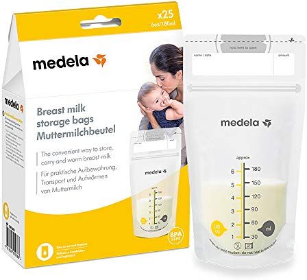 Medela Set di Sacche per la Conservazione del Latte Materno da 180 ml, Confezione da 25 Sacchetti per Raccolta del Latte Materno senza BPA con Doppia Chiusura, Congelamento e Scongelamento Rapido