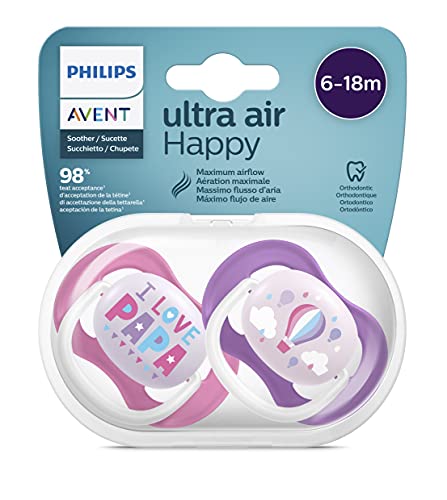 Ciuccio ultra air Philips Avent, per 6-18 mesi, ortodontico e senza BPA, 2 pezzi, custodia da trasporto/sterilizzazione inclusa, SCF080/04