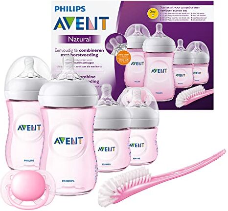 Philips SCD301/03 Avent Set Prime Poppate Natural, Kit Composto da 4 Biberon/1 Ciuccio e 1 Scovolino, Rosa