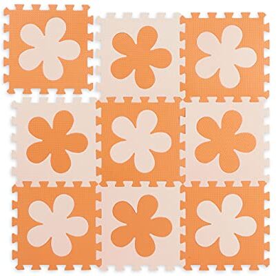 Relaxdays Tappeto Puzzle a Fiori, 9 Tasselli, a Incastro, Area 91,5x91,5 cm, Gommapiuma EVA Atossico, Arancione Beige, Colore, 1 x 91.5 x 91.5 cm, 10037471_1360