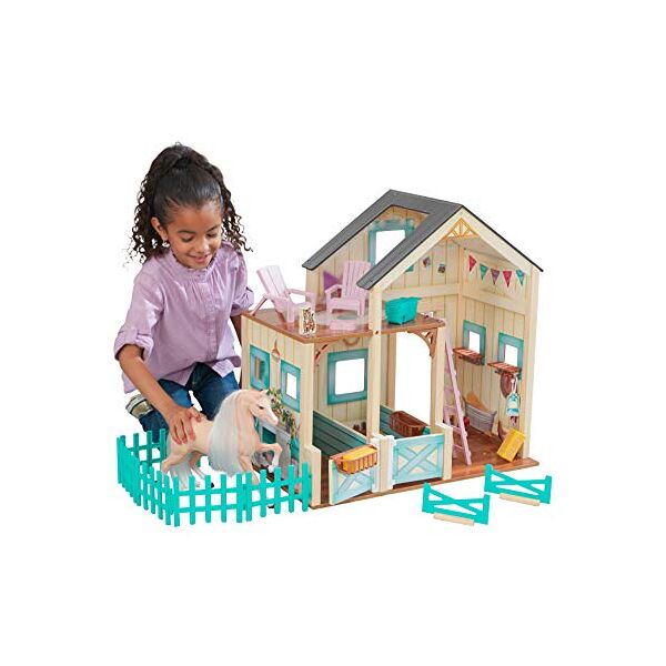 kidkraft sweet meadow scuderia giocattolo con cavallo, casa delle bambole in legno con accessori e mobili inclusi, casa a 2 livelli di gioco, giocattolo per bambini 3+ anni, 63534