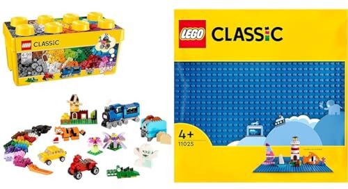 Lego Classic Scatola Mattoncini Creativi Media, Contenitore con Costruzioni Colorate & Classic Base Blu, Tavola per Costruzioni Quadrata con 32x32 Bottoncini, Piattaforma Classica per Mattoncini