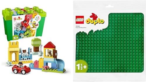 Lego 10914 DUPLO Classic Deluxe Contenitore di Mattoncini Grande, Giochi Educativi per Bambini Creativi 1,5 Anni, Sviluppo Abilità Motorie, Idee Regalo & 10980 DUPLO Base Verde