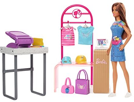 Barbie - Playset Boutique Moda, con Bambola e Accessori alla Moda Inclusi, espositore, Stampante e Adesivi per Creare 150+ Look Personalizzati, Giocattolo per Bambini, 5+ Anni, HKT78