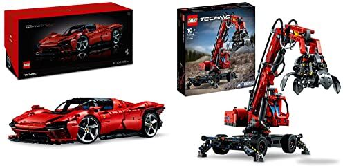 Lego 42143 Technic Ferrari Daytona SP3, Modellino Auto da Costruire, Supercar Rossa Scala 1:8 & 42144 Technic Movimentatore di Materiali, Modello da Costruire con Gru Giocattolo