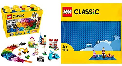 Lego Classic Scatola Mattoncini Creativi Grande, Contenitore con Idee Creative per Costruire & Classic Base Blu, Tavola per Costruzioni Quadrata con 32x32 Bottoncini