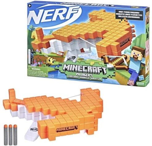 Hasbro Nerf Minecraft, balestra lancia-dardi Pillager's Crossbow, funziona come una vera balestra, include 3 dardi originali Nerf Elite