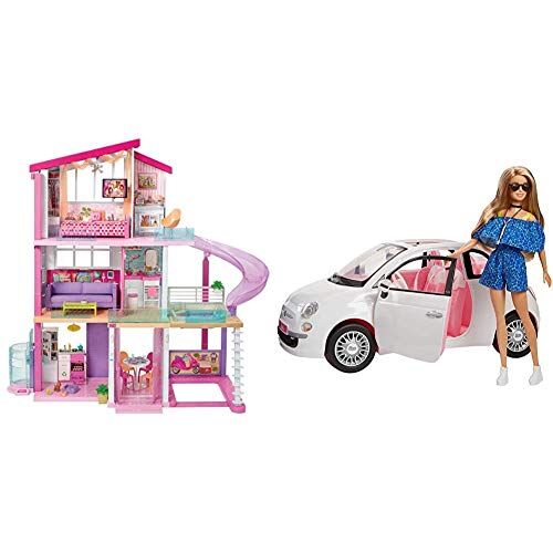Barbie Casa dei Sogni per Bambole con 8 Stanze, Garage, Scivolo, Piscina &FVR07 Bambola con Fiat 500, Macchina con Dettagli Realistici, Portiere Apribili