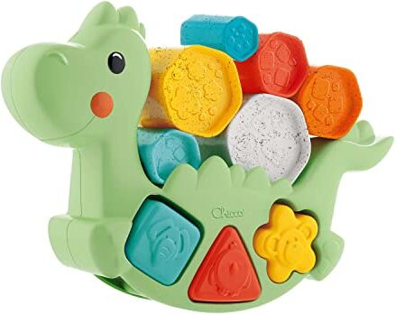 Chicco 2in1 Rocking Dino, Gioco di Equilibrio Impilabile e a Incastro, Dinosauro con 6 Cilindri, 3 Forme e 3 Attività, Realizzato in Plastica Riciclata, Made in Italy, Giochi Educativi 1 Anno - 4 Anni