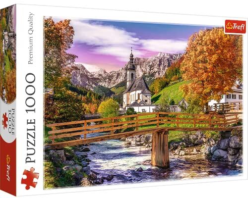 Trefl - Puzzle Baviera autunnale - 1000 Elementi, paesaggio bavarese, ponte, fiume, chiesa, vista sulle montagne, puzzle fai da te, tempo libero creativo, regalo, divertimento, puzzle classici