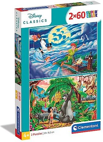 Clementoni Disney Frozen Peter Pan + The Jungle Book Supercolor Classics-2X60 (Include 2 60 Pezzi) Bambini 5 Anni, Puzzle Cartoni Animati-Made In Italy, Multicolore, 21613