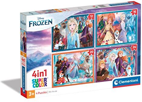 Clementoni 2 Supercolor Disney Frozen-4 12,16,20 e 24 Pezzi Bambini 3 Anni, Puzzle Cartoni Animati-Made In Italy, Multicolore, 21518