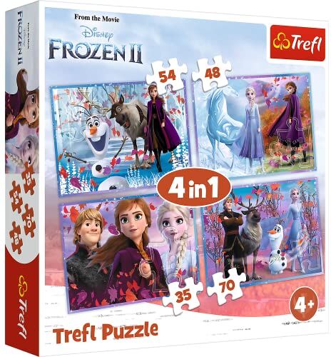 Trefl- Eine Reise ins Unbekannte, Disney Frozen 2 35 a 70 Elementi, 4 Set, Un Viaggio nell'ignoto, per Bambini da 4 Anni Puzzle, Singolo, Colore, 34323