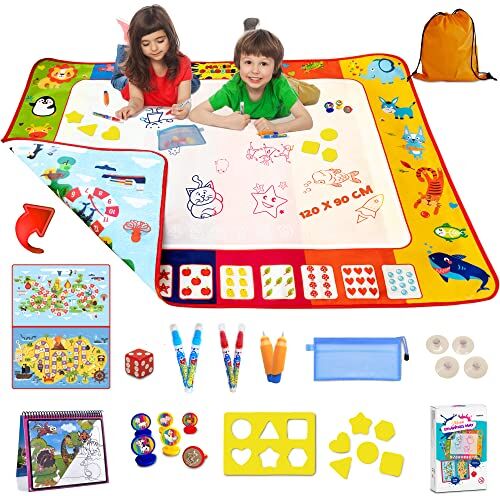 meimii - Tappeto Magico 2 Lati 120x90cm Con Accessori, Giochi Educativi e Didattici, Giocattolo per Disegni, Acqua, Bambini 3 anni, Doodle Idea Regalo Design Registrato