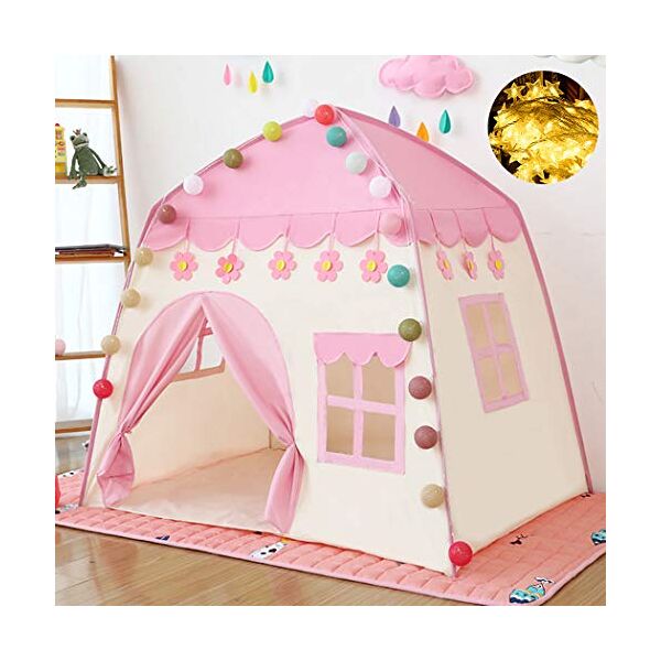 wenle happy house tenda da gioco per bambini con luci a stella, per interni ed esterni, giocattolo per compleanno, regalo di natale (rosa)