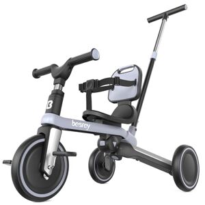besrey Triciclo 5 in 1 con manico scorrevole per bambini da 1 a 3 anni, ruota pieghevole, bicicletta per bambini con frizione, ruote più grandi, pedali rimovibili, sedile regolabile in altezza, grigio
