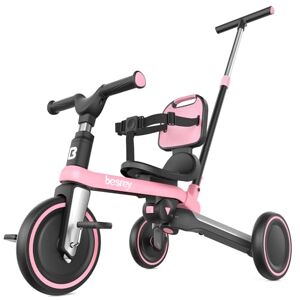 besrey Triciclo 5 in 1 con manico scorrevole per bambini da 1 a 3 anni, ruota pieghevole, bicicletta per bambini con frizione, ruote più grandi, pedali rimovibili, sedile regolabile in altezza, rosa