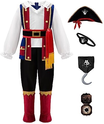 ReliBeauty Costume Pirata Bambino Bambina Vestito Carnevale Capitano Pirata Lusso con Accessori Halloween 9-10 anni(130 cm)