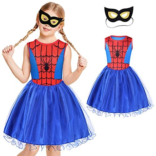 Aomig Costume Supereroe Bambina, Vestito Spider Man Bambini con Maschere, Costume Cosplay di Halloween Spider Dress per Ragazze, Party Fancy Dress per Natale, Carnevale e Compleanno(Blu,120CM)