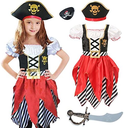 Wiclin Ragazze Costume Pirata Buccaneer Abito Principessa per Bambini Pirata Lass Costume Pirata Gioco di Ruolo Dress Up Set 5-6 Anni