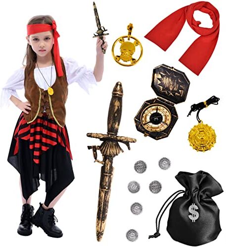 Tacobear Costume Pirata Bambina Vestito Pirata Bambino con Accessori Pirata Fascia per Capelli Bussola Borsa Orecchino Pirata Costume Carnevale Halloween per Bambini Ragazzo (3-4 anni)