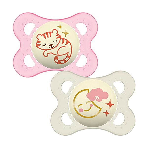 mam night soothers 0-6 months (pack of 2), glow in the dark baby soothers with self sterilising travel case, newborn essentials, pink/white, (designs may vary)