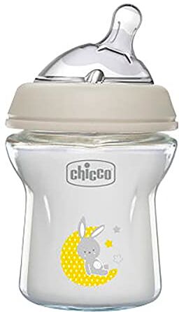 Chicco Natural Feeling Biberon Anticolica 0 Mesi + da 150 ml in vetro, Biberon con Tettarella in Silicone Morbida e Flessibile, Adatto per Allattamento Misto, flusso lento, Colore Neutro