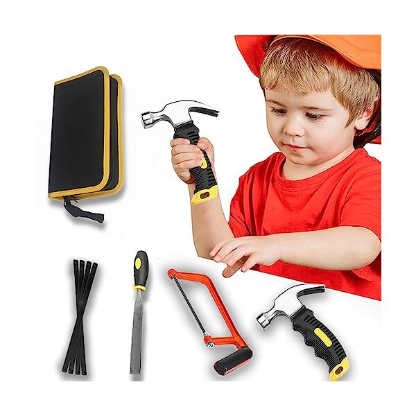 qeeheng kit di attrezzi veri per bambini,set di 8 attrezzi reali per bambini con strumenti a mano reali,set di strumenti per l'apprendimento di edifici a casa, strumenti manuali per la lavorazion
