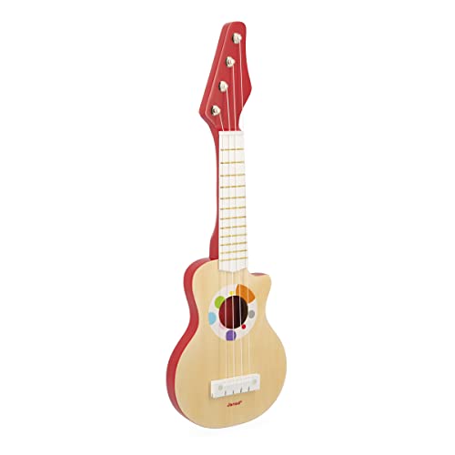 janod - chitarra rock in legno confetti - giocattolo musicale di imitazione - 4 corde in plastica + 4 corde di ricambio - dai 3 anni, j07644