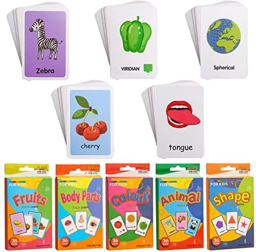 LUCKNIGHT 180 Flashcard di Apprendimento, Carte Flash Inglese - Frutta, Animali, Colore,Forma, Parti del Corpo, Educative Cards Carte Cognitive per giocattoli educativi precoci di apprendimento giocattolo