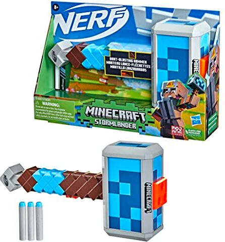 Hasbro Nerf Minecraft Martello Lancia Dardi Stormlander, Lancia 3 Dardi, Include 3 Dardi Nerf Elite, Impugnatura Di Armamento A Retroazione, Multicolore