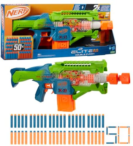 Hasbro Nerf Elite 2.0, blaster lancia-dardi Double Punch, 50 dardi Nerf Elite, 2 caricatori da 10 dardi, blaster Nerf motorizzato, dagli 8 anni in su