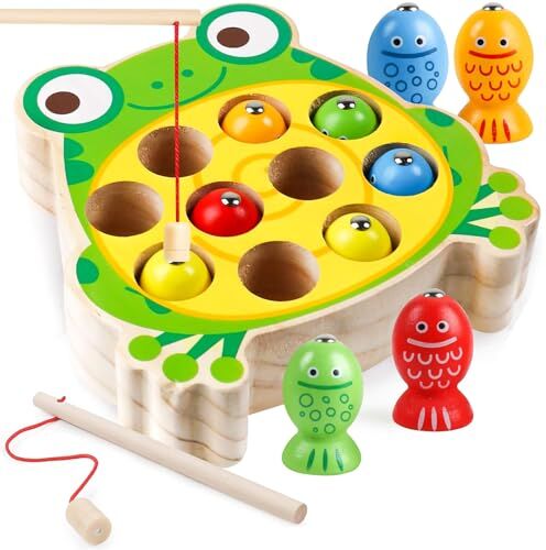 Criveple Gioco magnetico da pesca - Giocattolo Montessori - Giocattolo per bambini - Giocattolo motorio in legno - Gioco da pesca 1-2-3-4 anni - Giocattolo in legno per bambine e bambini - Regali (Rana)