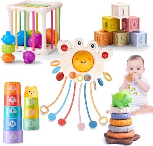 zxtwtoy Giochi Montessori Neonato 6 Mesi, Giochi Bambini 1 2 3 Anno, 5 in 1 Cubi Sensoriali,Blocks e Gioco Tazze Impilabili,Tirare la Corda Educativo, Regalo Giochi Neonato 6 9 12 18 Mesi